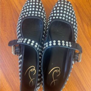 SAM EDELMAN Studded Black Mary Jane Flats with Crystal Accents
